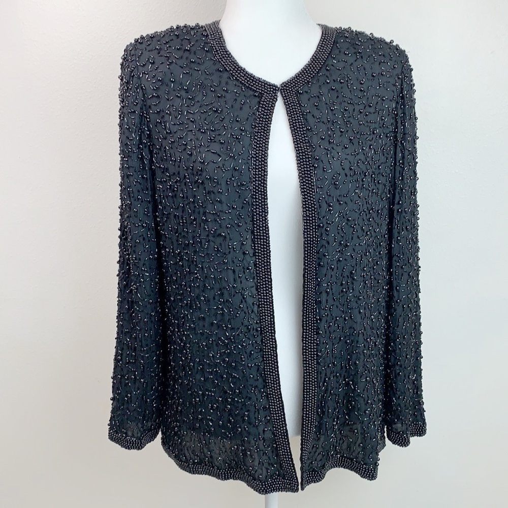 Silk beaded jacket black cardigan dressy light blazer by Côte d’Azur Evening EUC